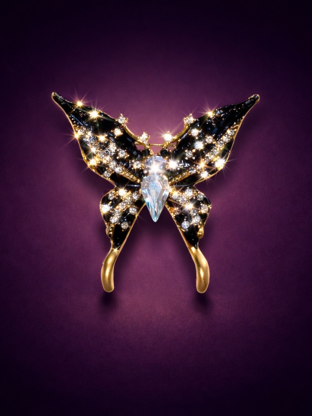 Bag Charm Enamel Crystal Butterfly Brooch Gold Tone Rhinestone Statement Pin